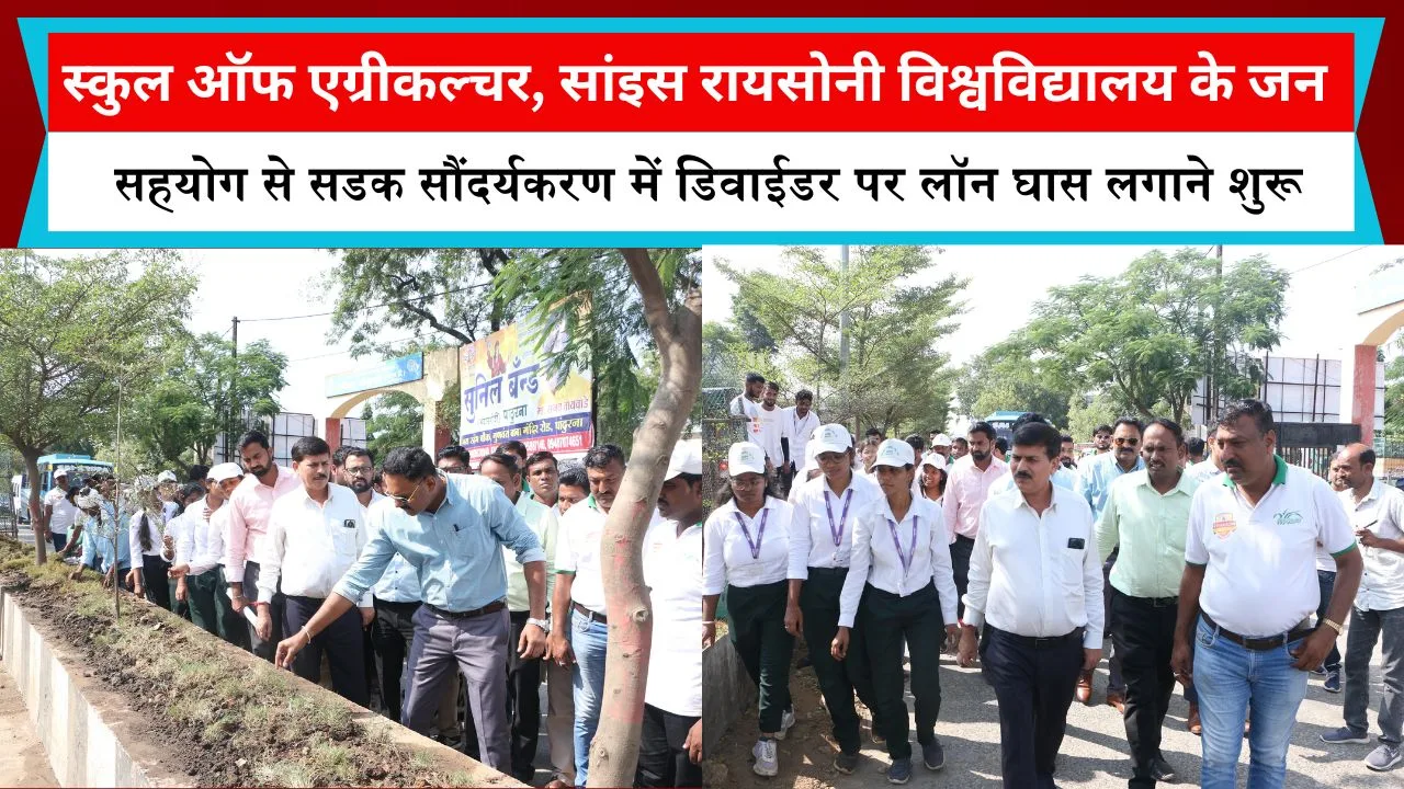स्कुल ऑफ एग्रीकल्चर, सांइस रायसोनी विश्वविद्यालय के जन सहयोग से सडक सौंदर्यकरण में डिवाईडर पर लॉन घास लगाने शुरू